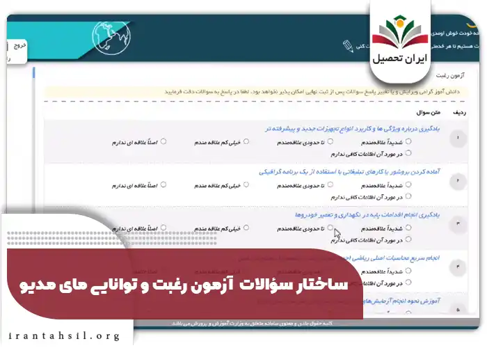 ساختار سؤالات آزمون رغبت و توانایی مای مدیو