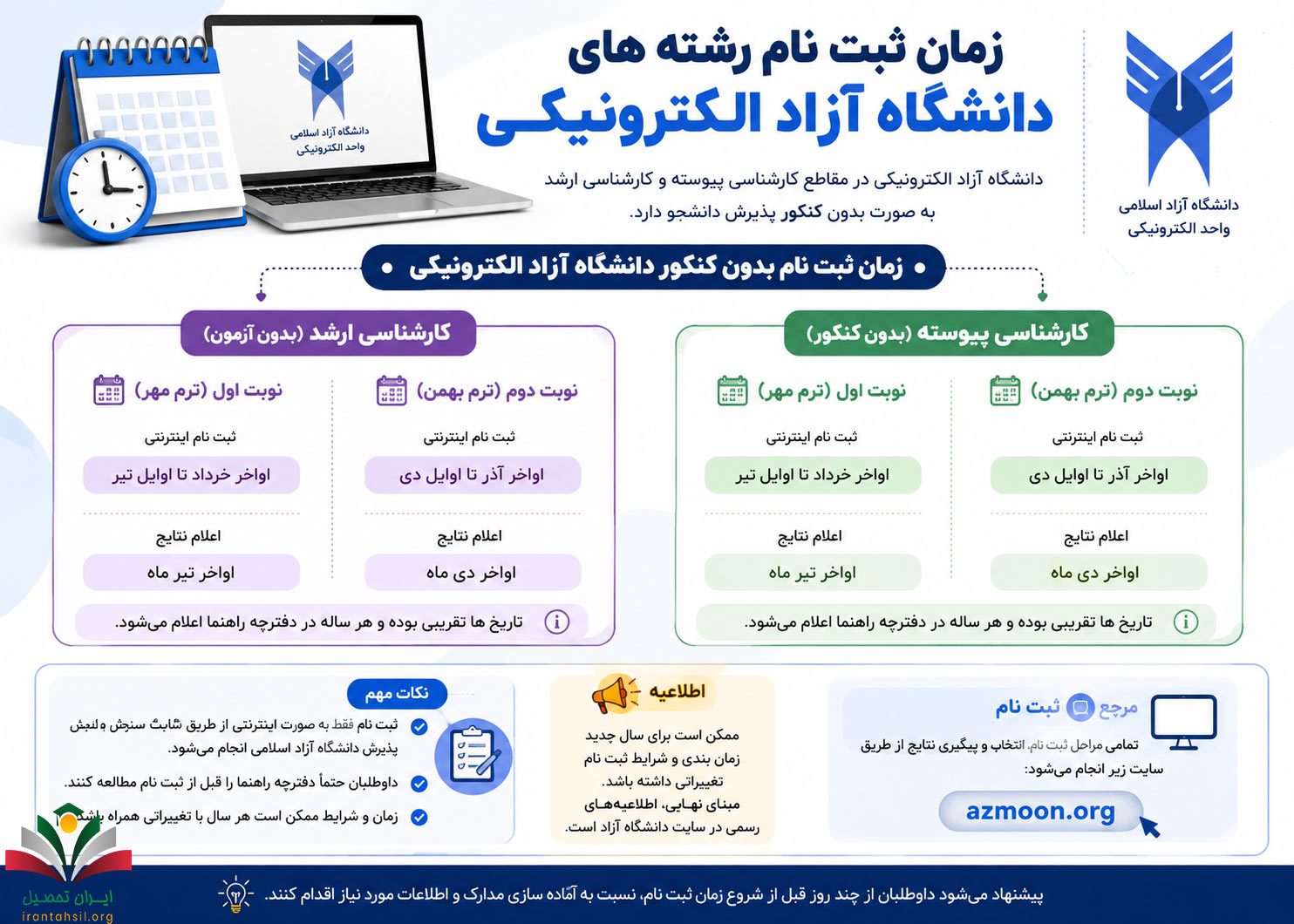 زمان ثبت نام رشته های دانشگاه آزاد الکترونیکی