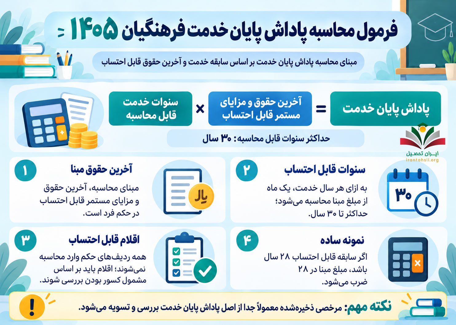 فرمول محاسبه پاداش پایان خدمت فرهنگیان